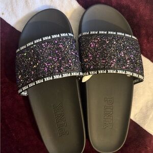 PINK Victoria's Secret Black and Purple Glitter Slippers